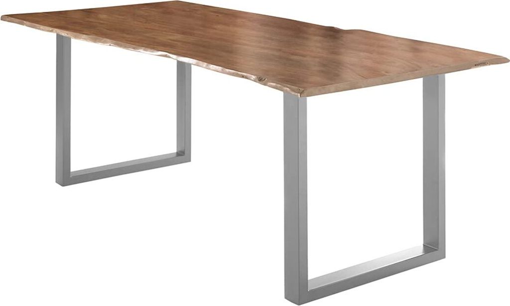 Esstisch 240x100 cm Lubin, Akazienholz naturfarben, Massiver Esszimmertisch mit echter Baumkante, Baumkantentisch mit U-Gestell Silber, 26 mm Tisch...