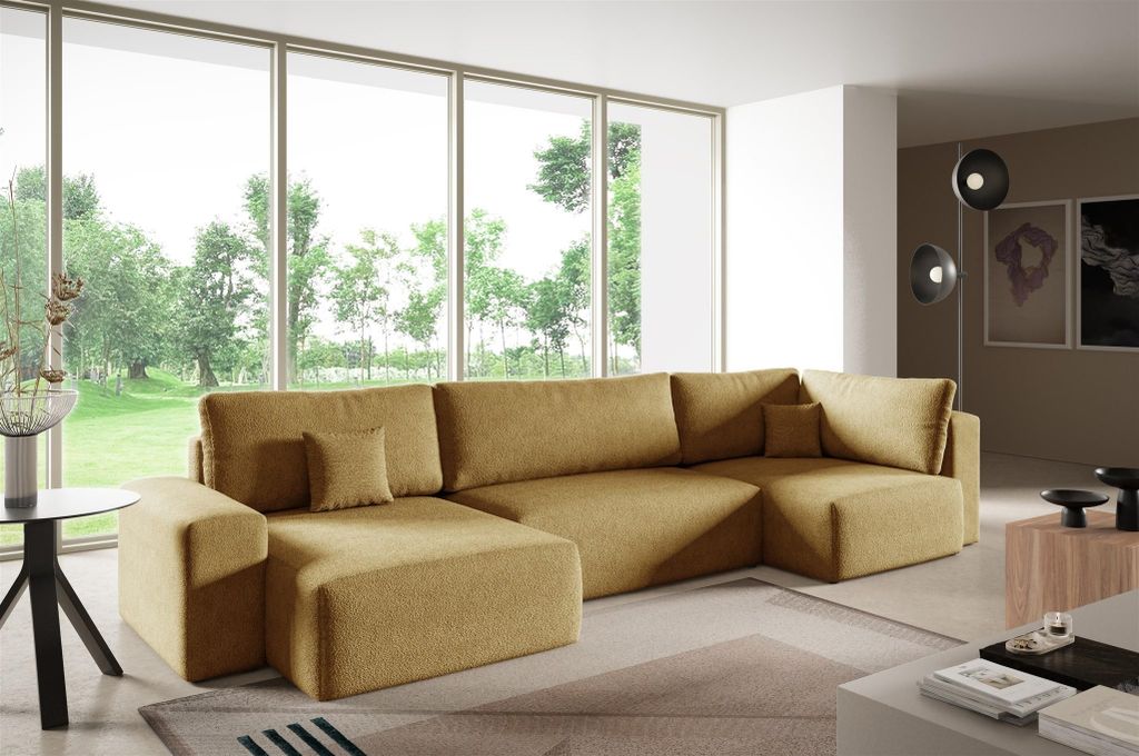 Wohnlandschaft mit Schlaffunktion ARONA XL Stoff Centaur Honiggelb Ottomane Links