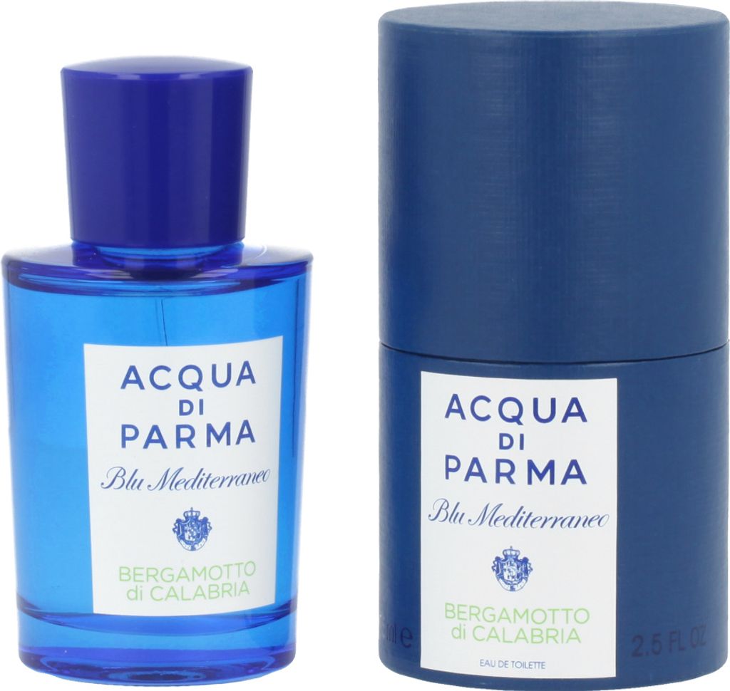 A bottle of Acqua di Parma Blu Mediterraneo Bergamotto di Calabria Eau de Toilette and its cylindrical packaging are displayed side-by-side against a white background.
