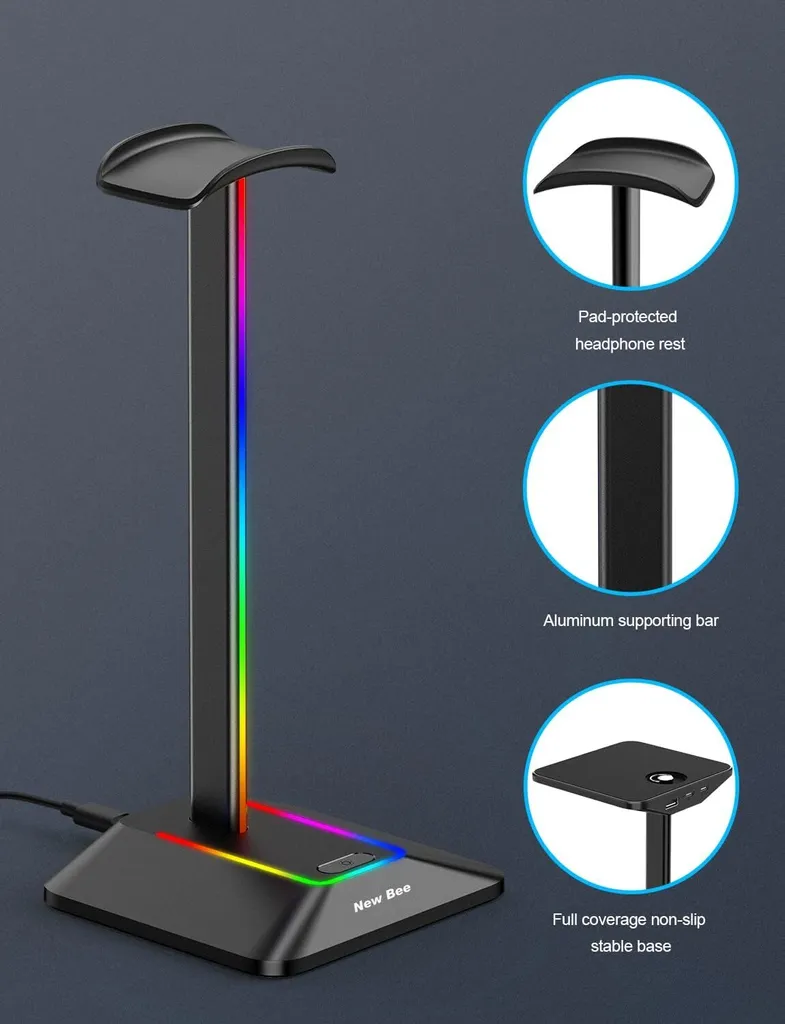 Support casque RGB noir avec hub USB Type-C et transfert de données PC