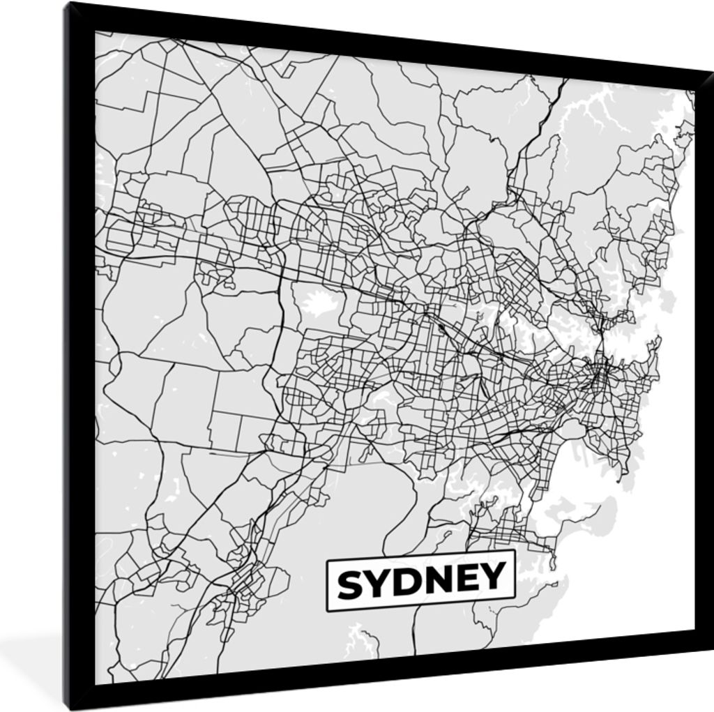 MuchoWow Gerahmtes Poster Sydney - Stadtplan - Schwarz und Weiß - Karte 40x40 cm - Poster mit Schwarzem Bilderrahmen Wandposter Rahmen Foto Bild...