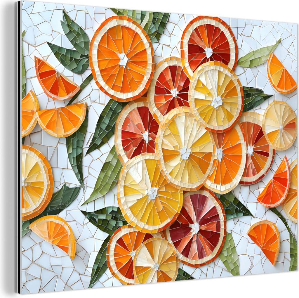MuchoWow Wanddekoration Metall Metallbild Wandkunst 80x60 cm Scheiben - Obst - Orange - Mosaik MuchoWow Aluminium Gemälde - Alubild
