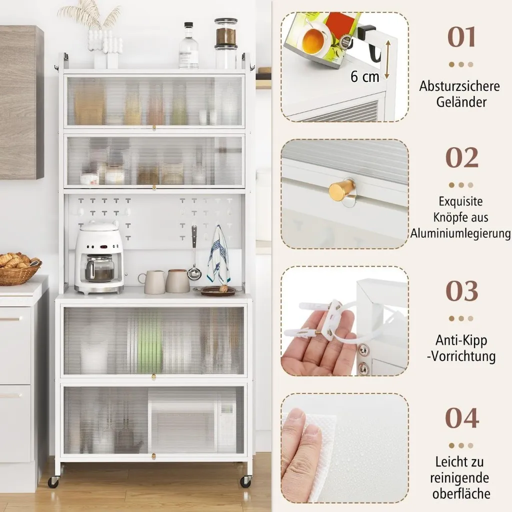 Desserte de cuisine blanche sur roulettes avec crochets de rangement