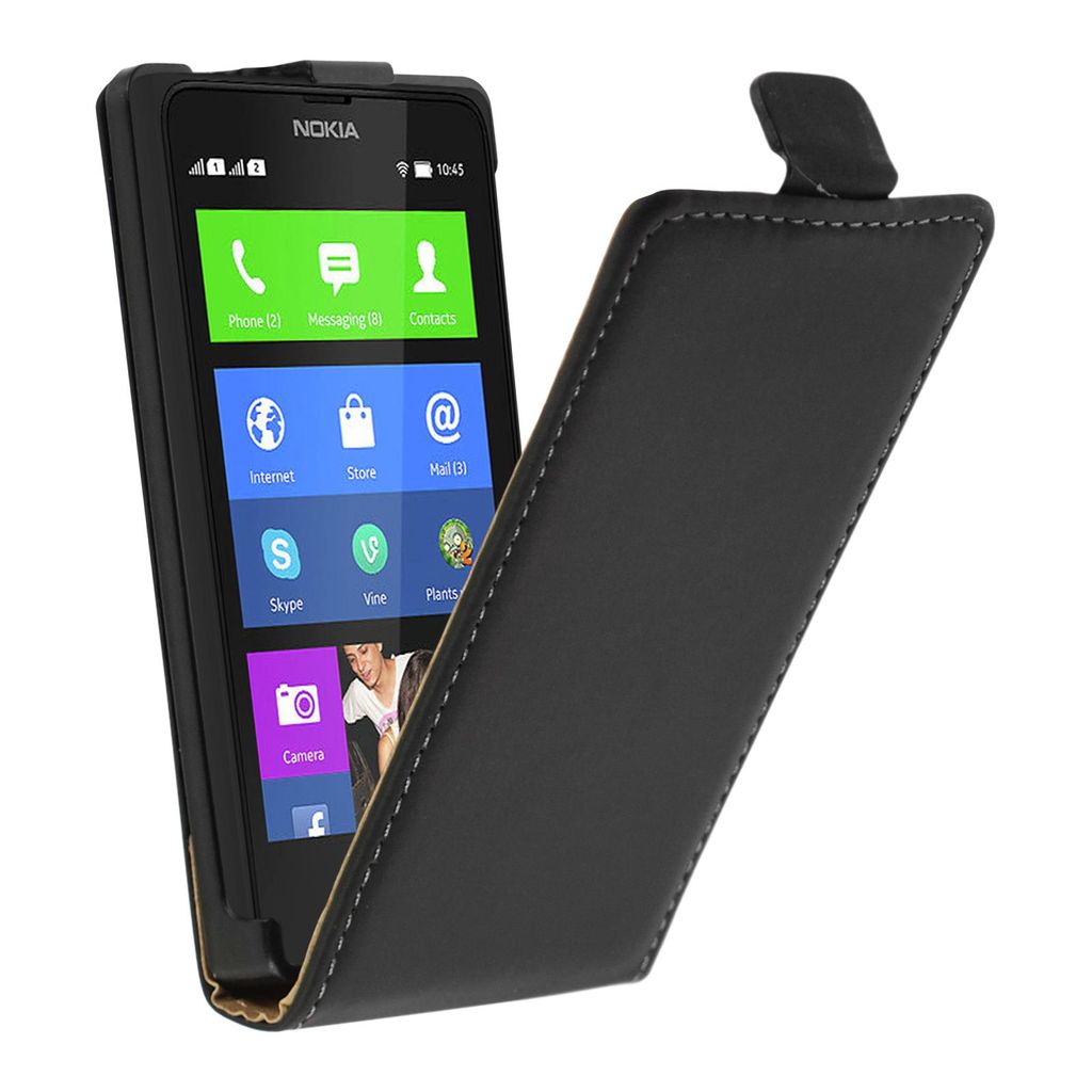 PhoneNatic Kunst-Lederhülle kompatibel mit Nokia X / X+ - Flip-Case schwarz + 2 Schutzfolien