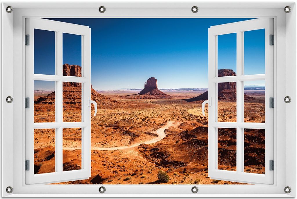Wallario Outdoor-Poster für Garten oder Balkon 80 x 120 cm: Monument Valley unter blauem Himmel