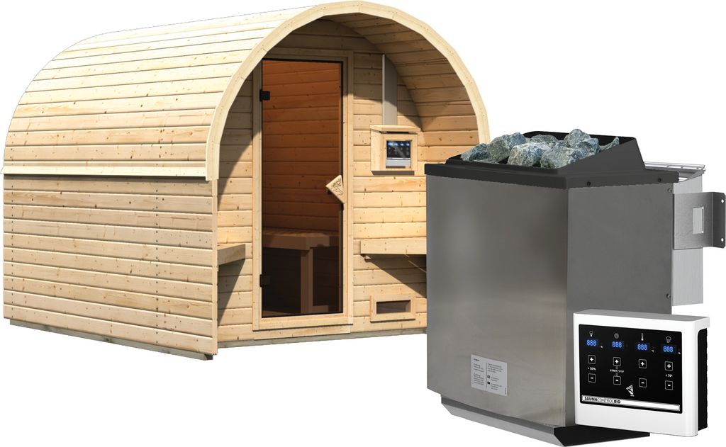 Karibu Fasshaus "lfe" SET naturbelassen mit Ofen 9 kW ext. Strg., Kabel, Dachfolie