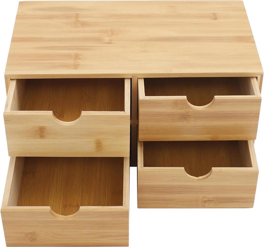 Schreibtisch Organizer Bambus - Mini Schubladenbox - 4 Schubladen - Wasserdicht - Aufbewahrung für Büro und Zuhause - Holzoptik