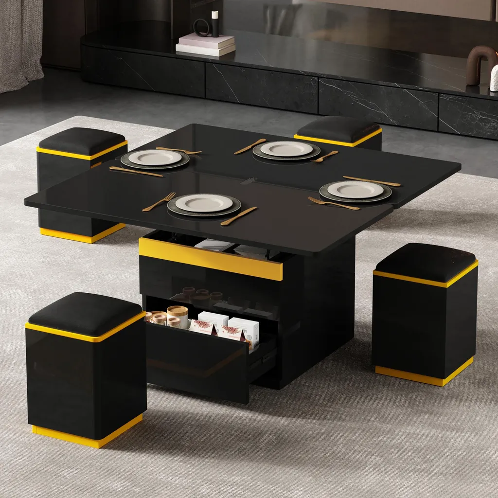 Table Basse Relevable et Extensible Noir Brillant avec 4 Tabourets