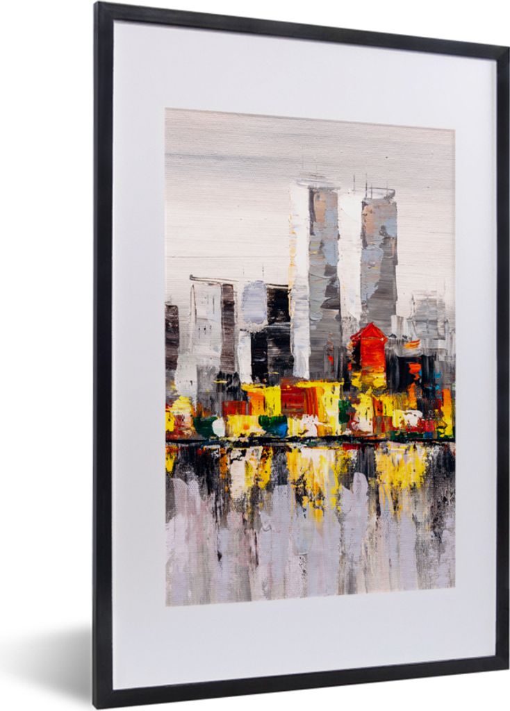 MuchoWow Gerahmtes Poster Gemälde - Skyline - Farben - Ölfarbe 40x60 cm - Poster mit Schwarzem Bilderrahmen Wandposter Rahmen Foto Bilder - Pos...