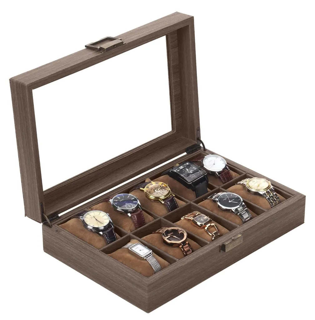 Étui à montres de luxe en bois 10 slots avec coussins doux et cuir PU