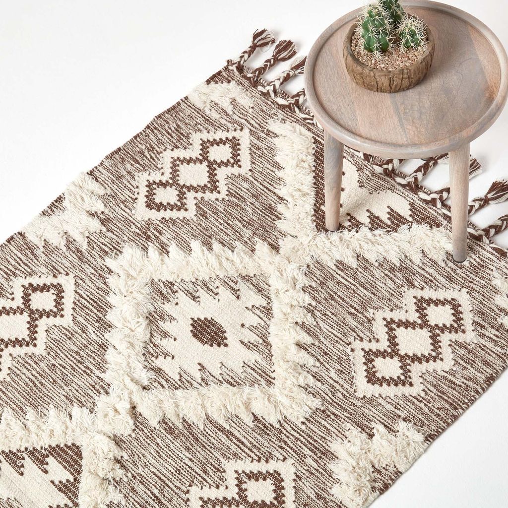 HOMESCAPES Handgewebter Kelim-Teppich Lhasa aus Wolle und Baumwolle, braun und creme, 90 x 150 cm