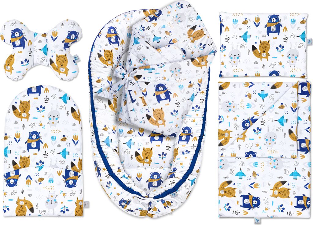 Pepi Babynest Kokon 6 teiliges Babynestchen Set für Babys Neugeborene Kuschelnest-Set mit Babyhörnchen Krabbeldecke 100% Baumwolle 95×55 cm Blue...