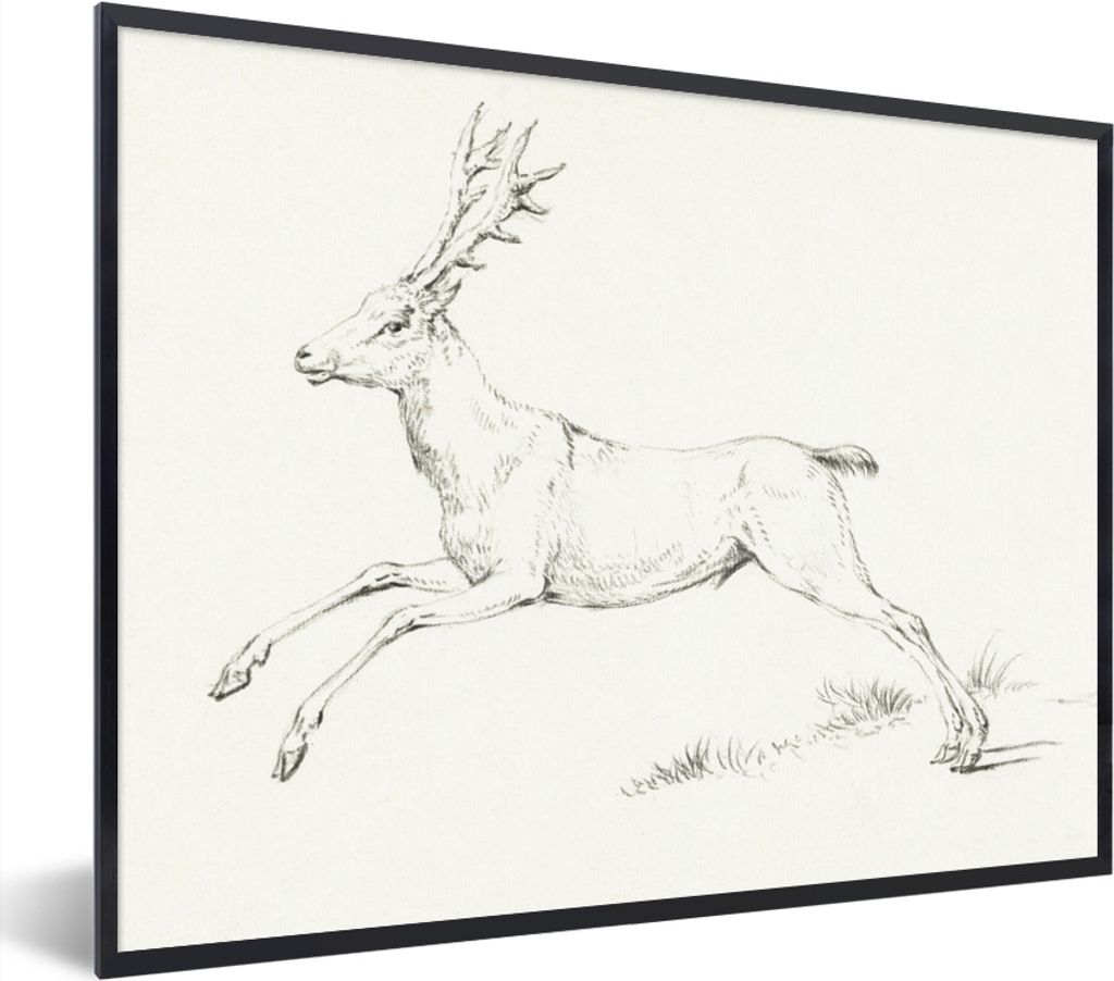 MuchoWow MuchoWow Gerahmtes Poster Springende Hirsche, links - Gemälde von Jean Bernard 80x60 cm - Poster mit zchwarzem Bilderrahmen - Schwarz...