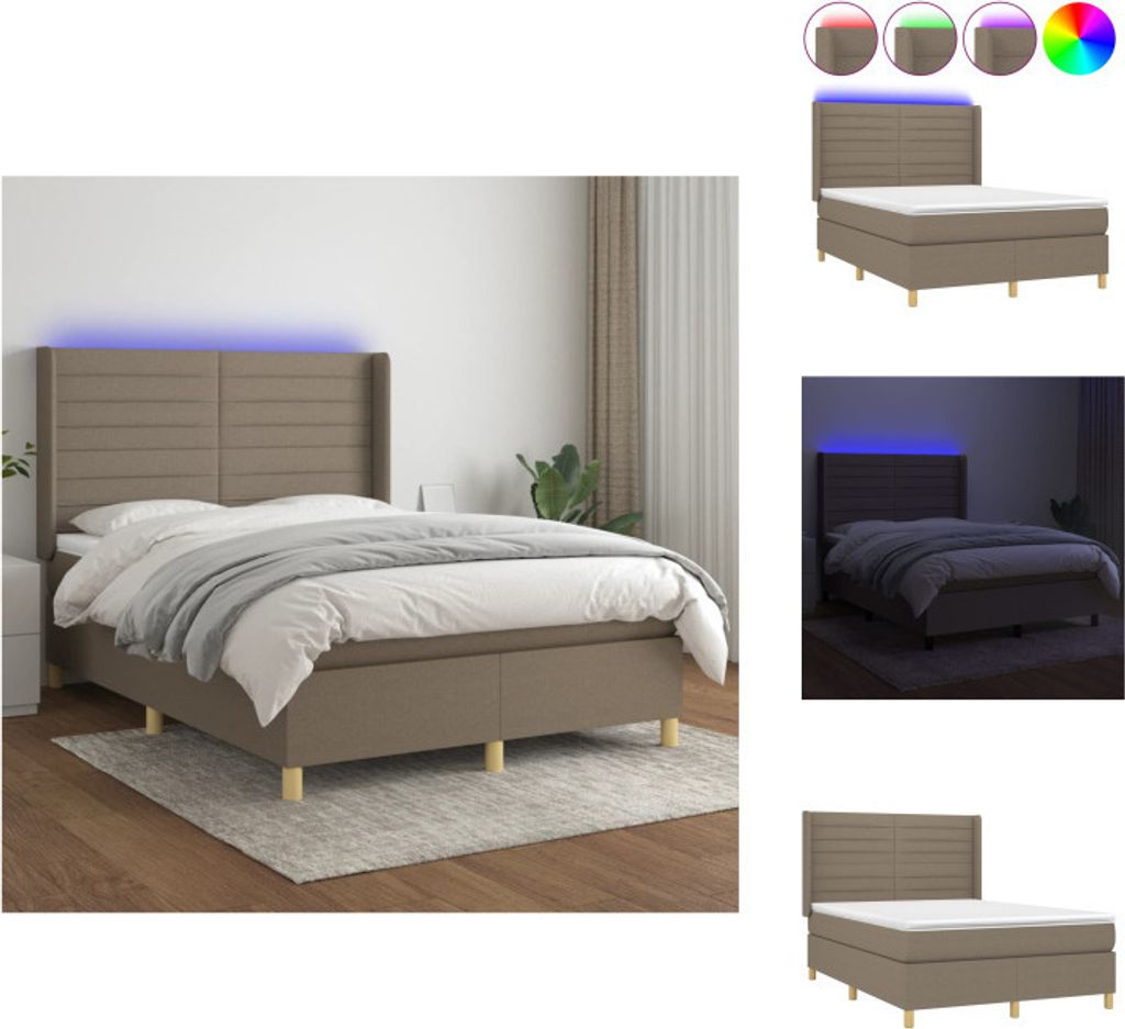 vidaXL Boxspringbett mit Matratze & LED Taupe 140x200 cm Stoff - Betten & Bettgestelle
