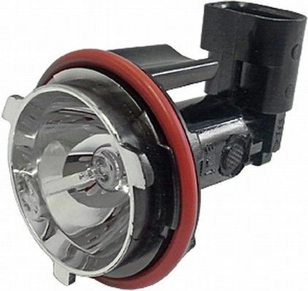A single automotive headlight bulb with a black connector and a red seal.