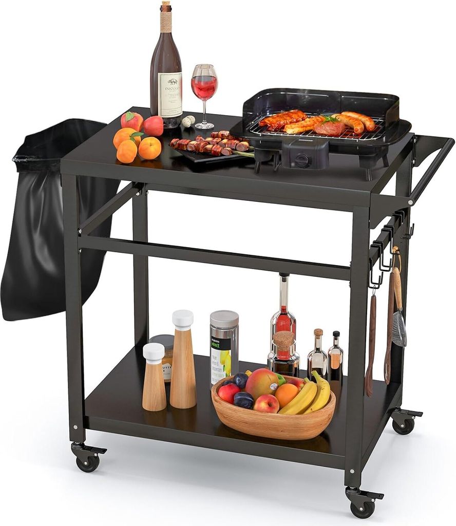 GOPLUS Grillwagen, Grilltisch Outdoor mit Griff, 2 Ablagen, Haken & Rollen, multifunktionaler Pizzatisch beweglich, BBQ Servierwagen für den Auße...