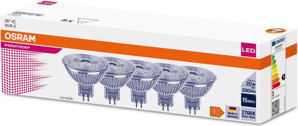 5er-Pack OSRAM PARATHOM MR16 20 36 ° 2.6W GU5.3 Spot, Produktbild 