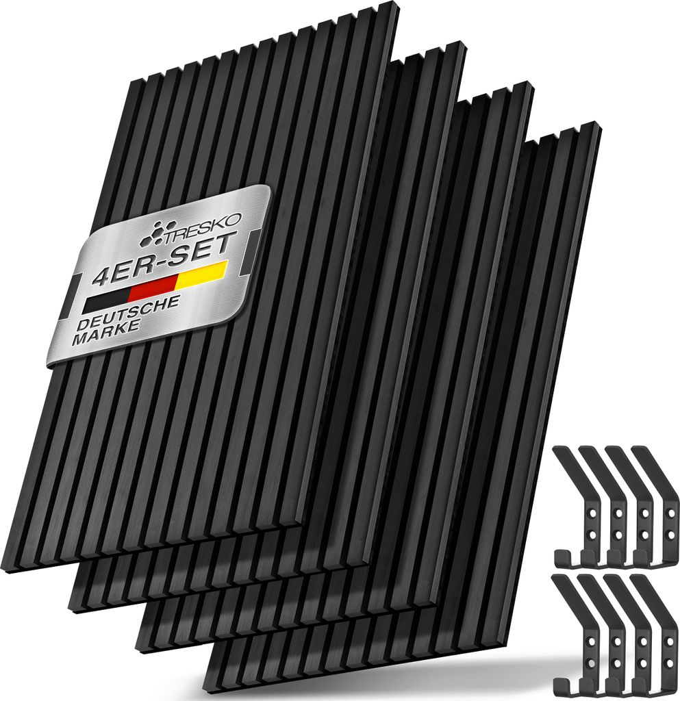 TRESKO 4 Stück Akustikpaneele Holz 120×60 cm inkl. 8x Kleiderhaken | Wandverkleidung Eiche Eiche Schwarz als 3D Lamellenwand | Holzpaneele Pane...