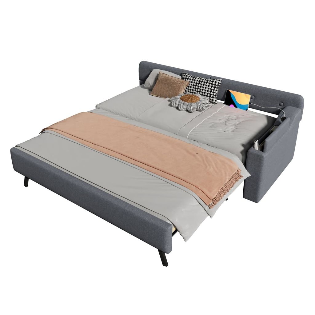Schlafsofa,Daybett(Grau)Tagesbett,Schlafsofa mit Lattenrost, mit ausziehbarem Ausziehbett mit Klappstaufach, usb+type-c, Leinen