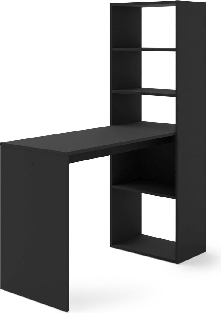 A black desk with shelves attached to the side, shown from a slight angle against a white background.