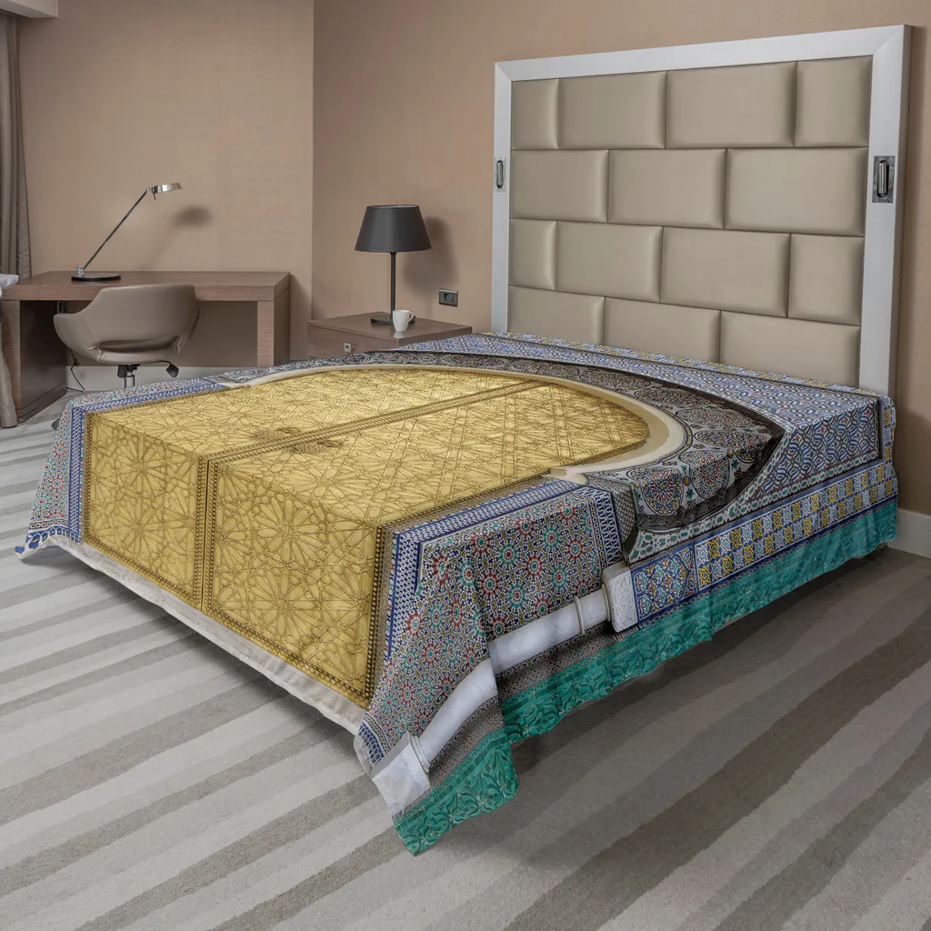 ABAKUHAUS Lenzuolo marocchino, porta antica marocchina Pomello dorato Ornamento artistico Stampa artistica, lenzuolo morbido e confortevole per un letto decorativo 1 pezzo 260 cm x 228 cm, giallo verde acqua blu