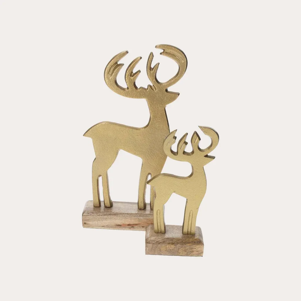 Cerf décoratif doré avec socle en bois massif - Finition haute qualité