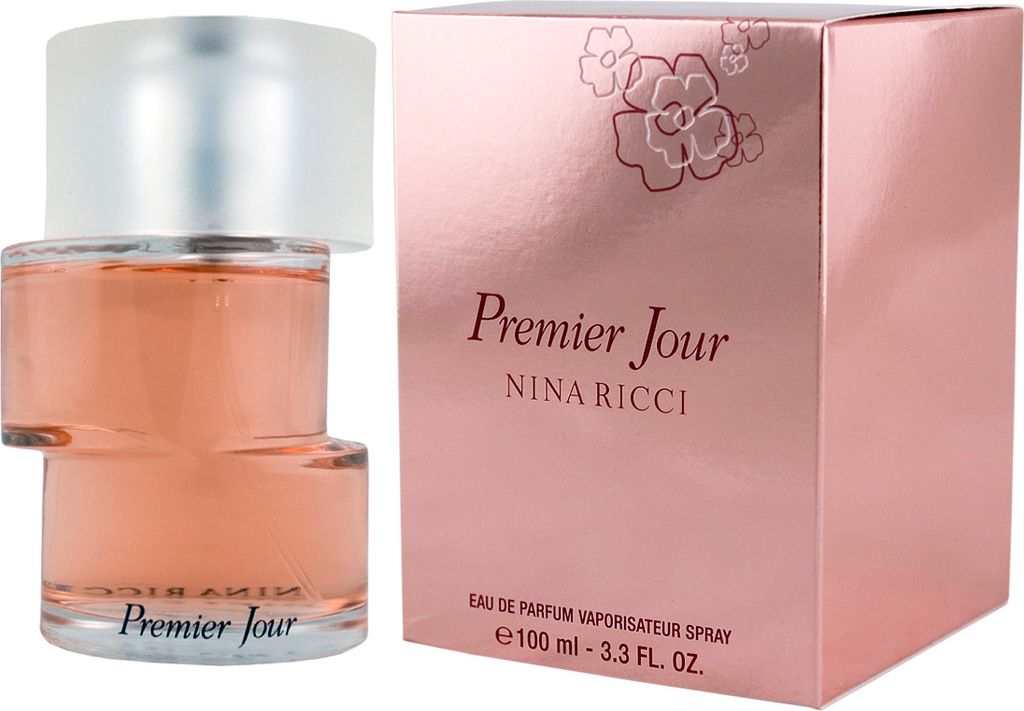 A bottle of Nina Ricci Premier Jour perfume and its packaging are displayed side-by-side against a white background.