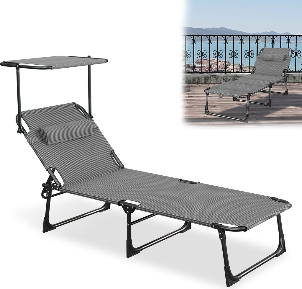 UISEBRT Wetterfester Sonnenliegestuhl mit verstellbarer Markise & 150 kg Tragkraft – Faltbarer Garten-Liegesessel für Terrasse & Camping(Schwarz...