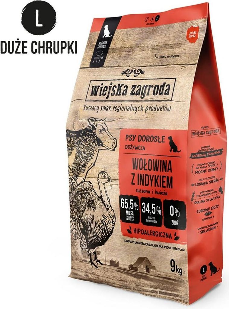 A bag of dog food with illustrations of farm animals.