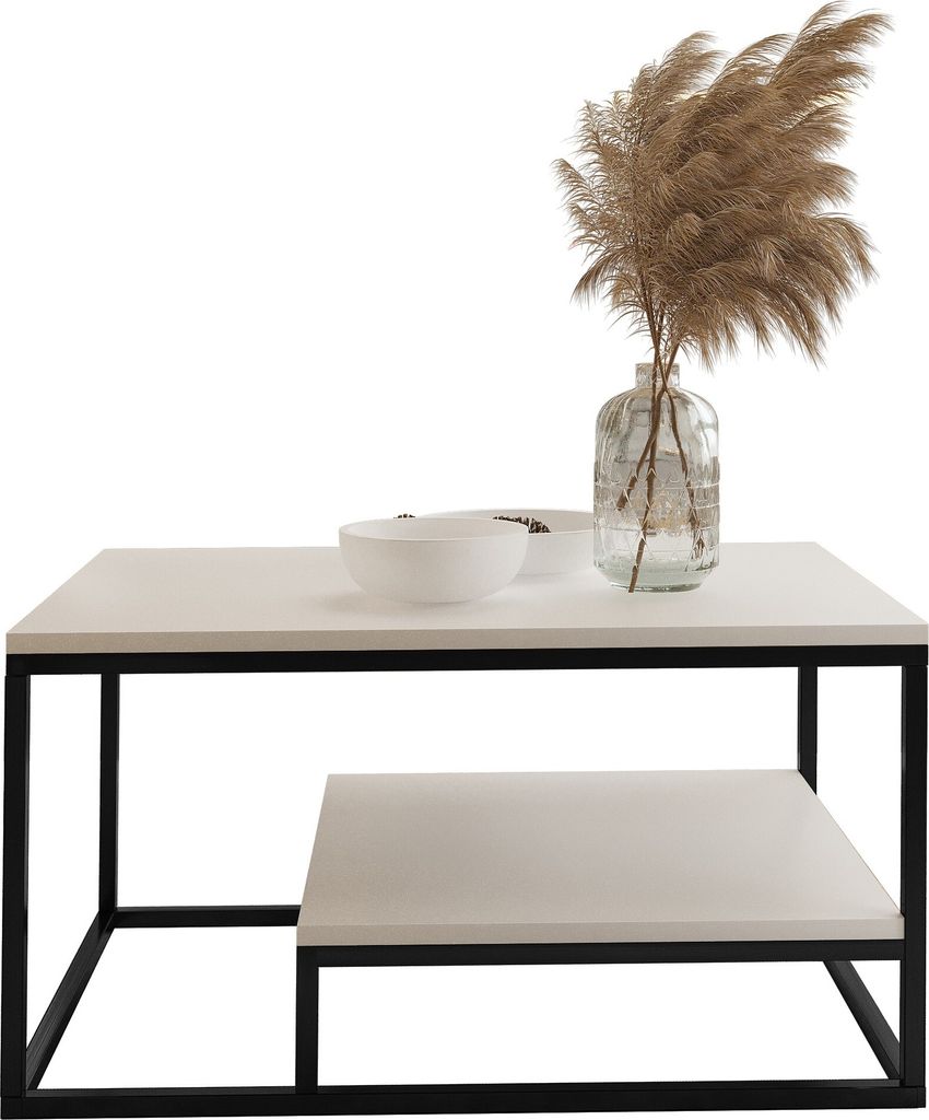 BETTSO Couchtisch BALANCE Weißer Tisch mit Regal – Kaffeetisch auf schwarzem Metallgestell