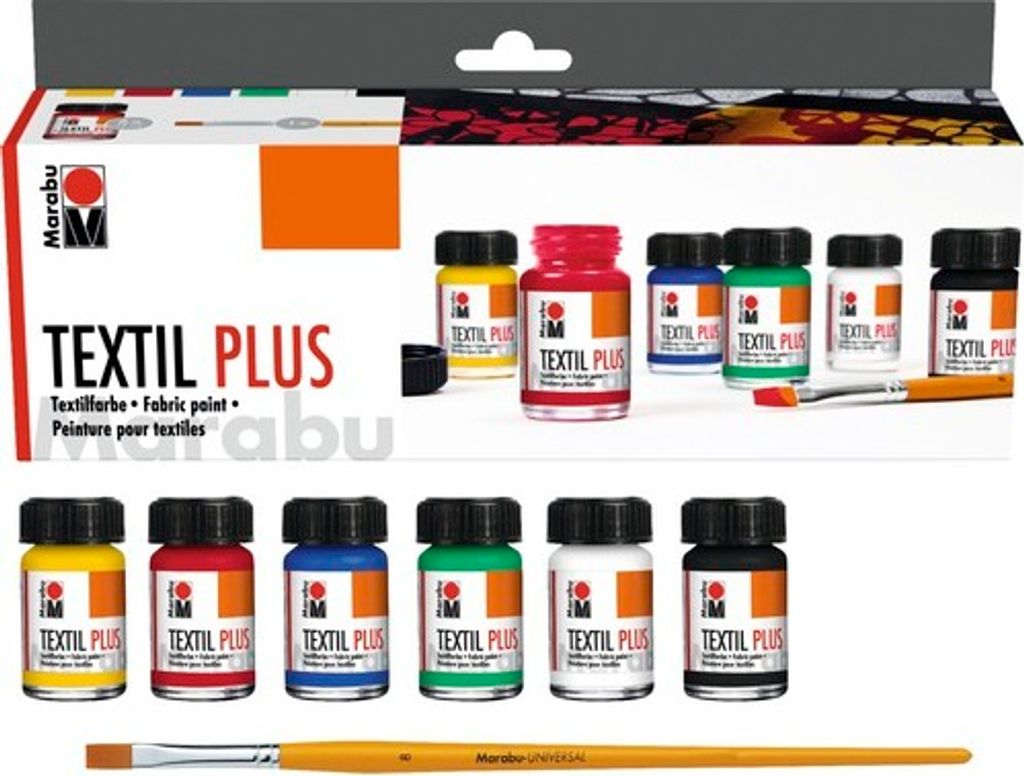 A set of Marabu Textil PLUS fabric paints and a brush are displayed on a white background.