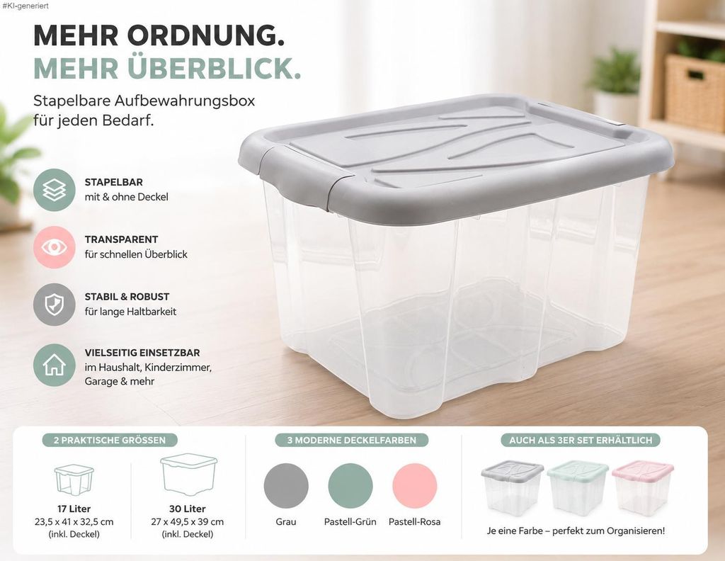 Aufbewahrungsbox mit Deckel 17 Liter Grau – Stapelbare Kunststoffbox