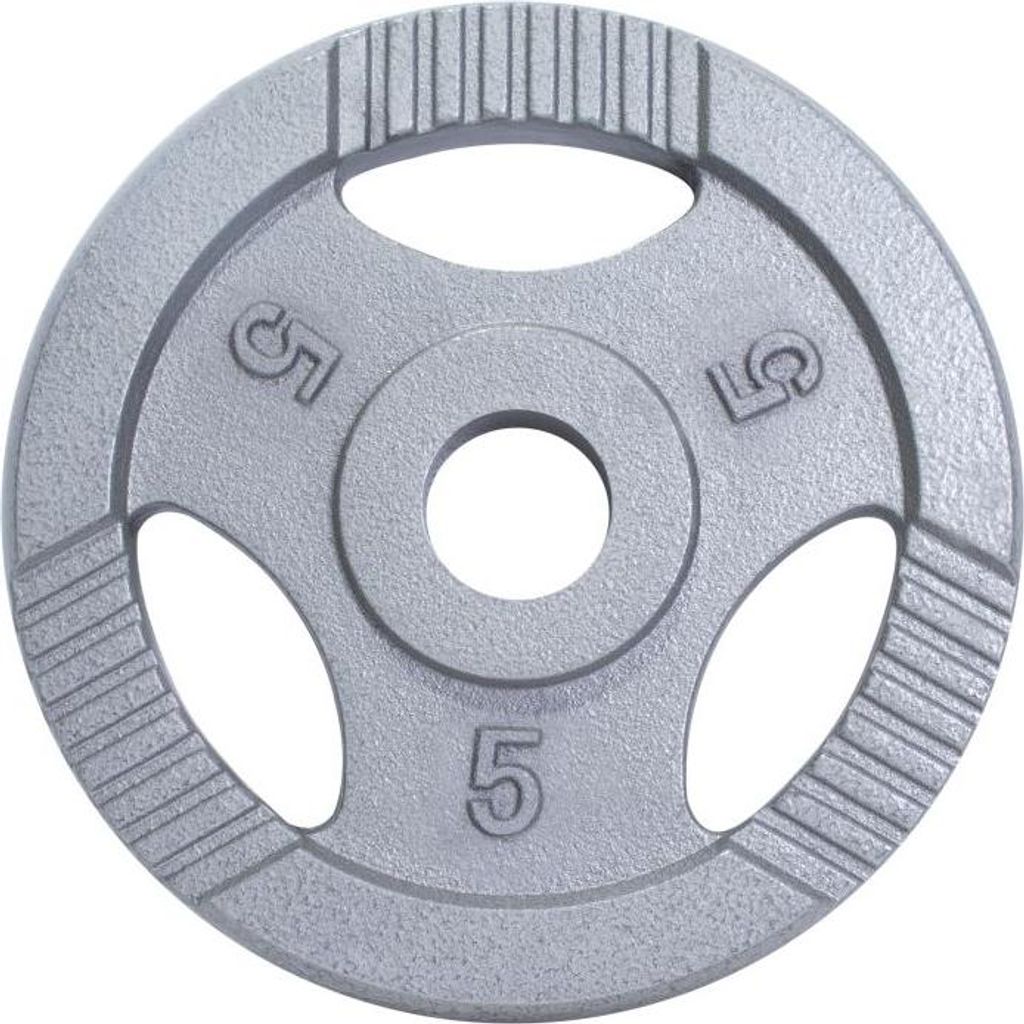 GORILLA SPORTS Olympia Hantelscheiben - 5kg Gewichte, 50mm Bohrung, Tri-Grip, aus Gusseisen, Silber - Gewichtsscheiben, Olympiascheiben