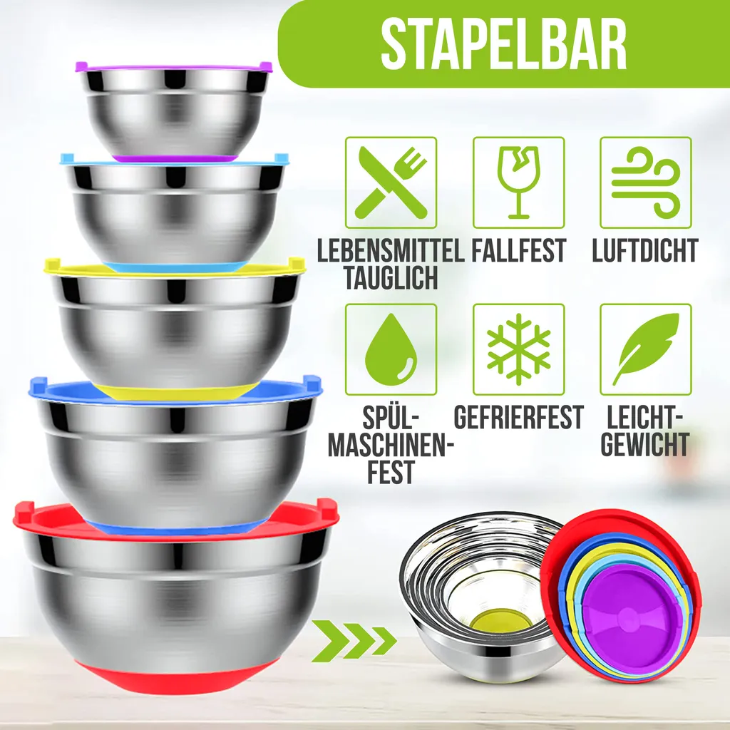 Strex Set de 5 bols à mélanger en acier inoxydable avec couvercles - 4
