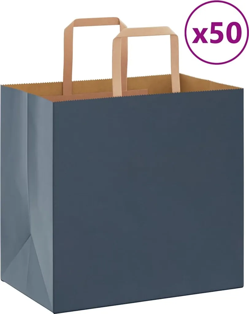 50 Sacchetti Carta Blu Fondo Largo 26x17x25 per Asporto e Food Delivery