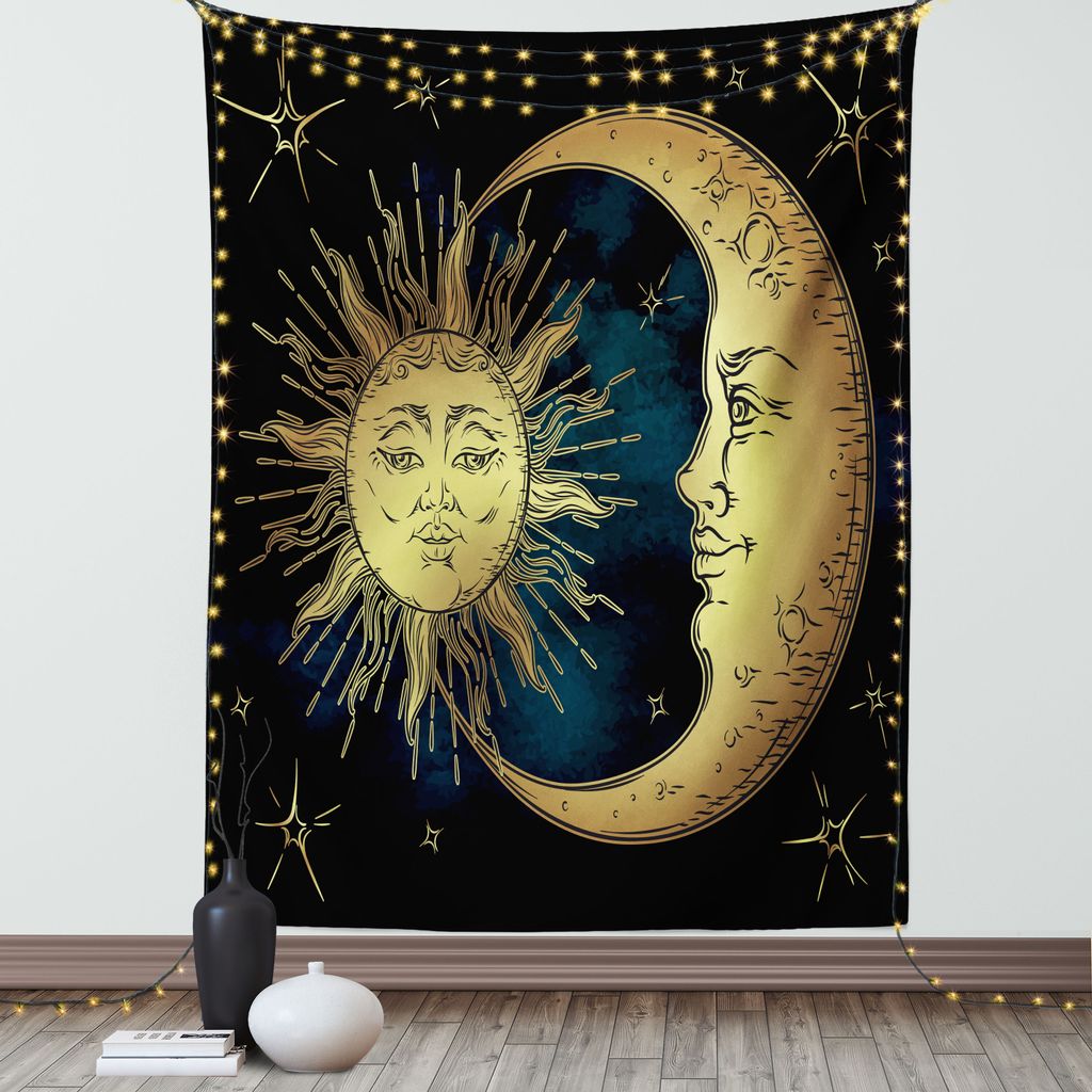 ABAKUHAUS Psychedelisch Wandteppich, Mond Sterne Sonne Retro Stil, Wohnzimmer Schlafzimmer Seidiger Satin Wandtuch, 100 x 150 cm, Petrolblau Gelb