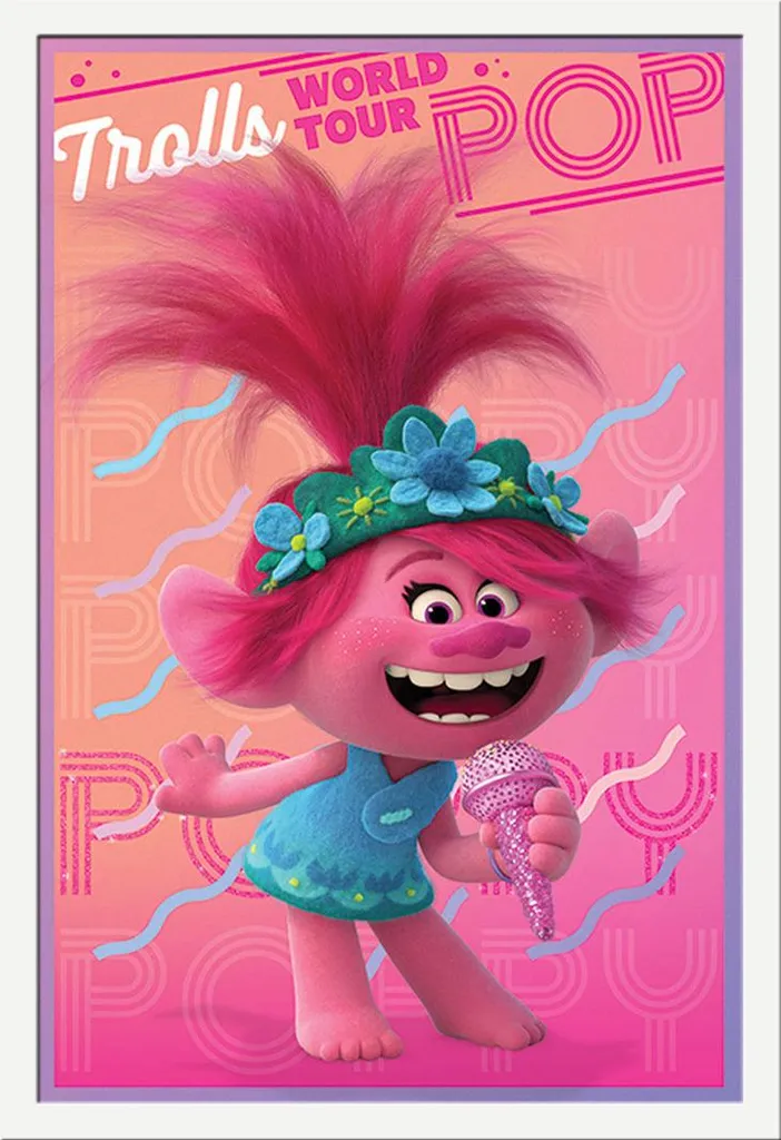Poster Trolls World Tour Poppy 61x91.5cm - Cadre MDF Blanc & Vitre Acrylique