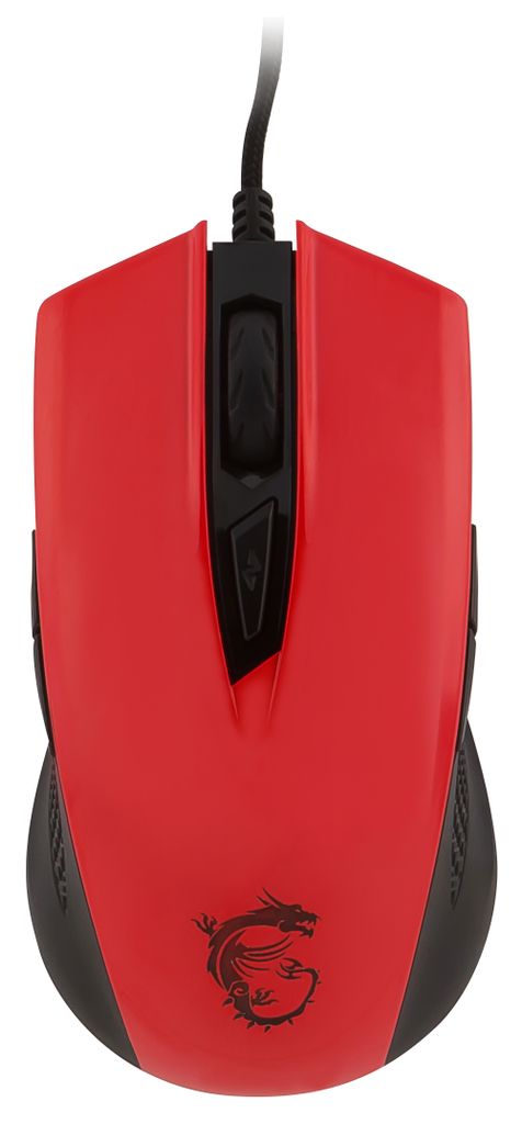 A top-down view of a red and black MSI gaming mouse against a white background.