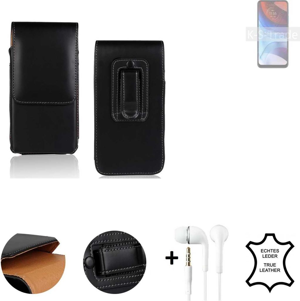 K-S-Trade Leder Gürteltasche + Kopfhörer kompatibel mit Motorola Moto E7 Power Seitentasche Belt pouch Holster Handyhülle Schutz Hülle Etui