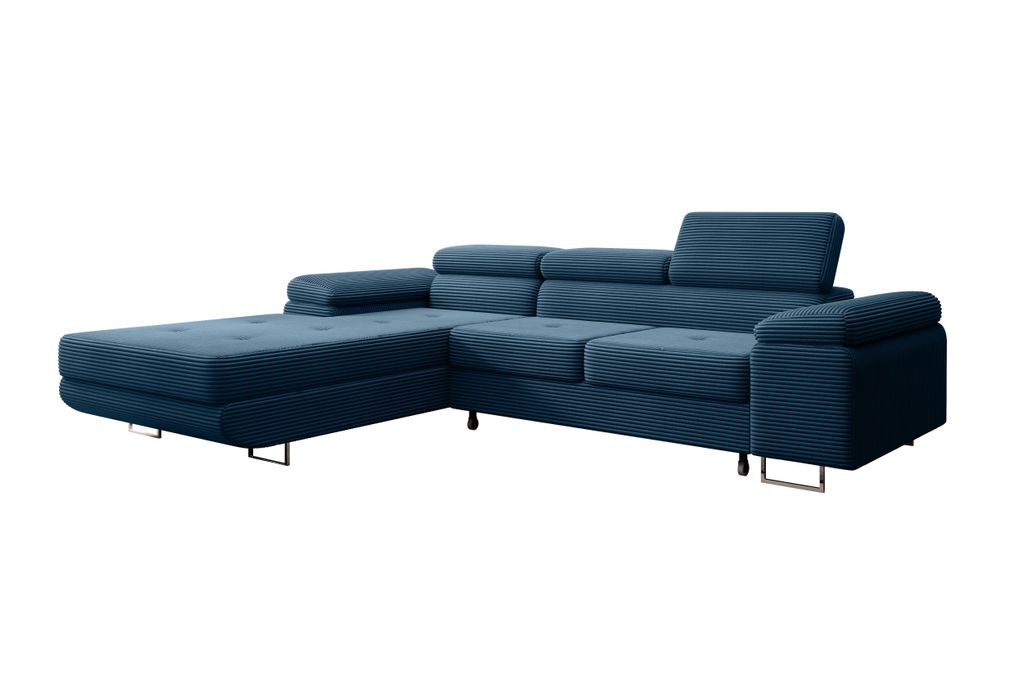 Modernes Ecksofa Alvaro mit Schlaffunktion & Bettkasten, Ausziehbare Wohnlandschaft in L-Form, Stauraum, Schlafsofa Blau Rechts