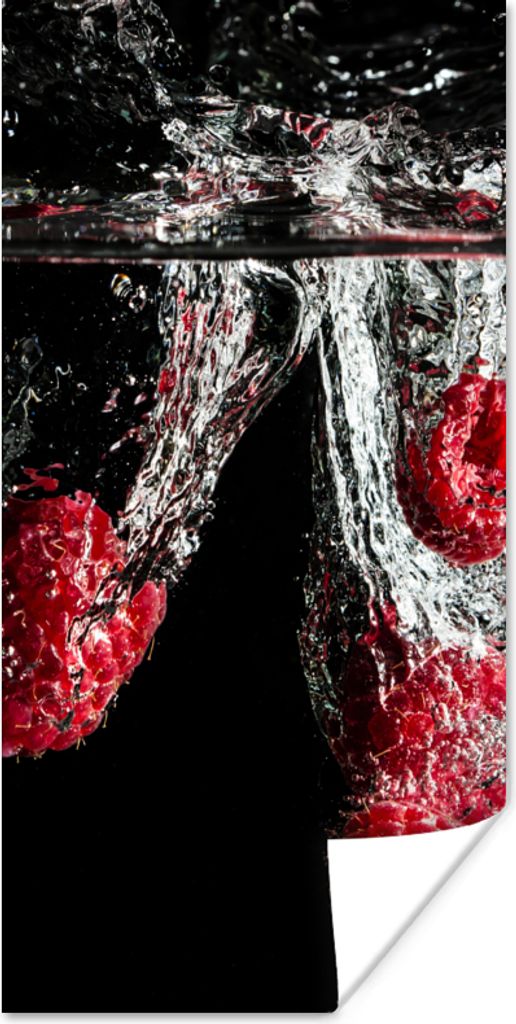 MuchoWow Poster Himbeeren - Obst - Stilleben - Wasser - Schwarz - Rot 80x160 cm - Kinderzimmer