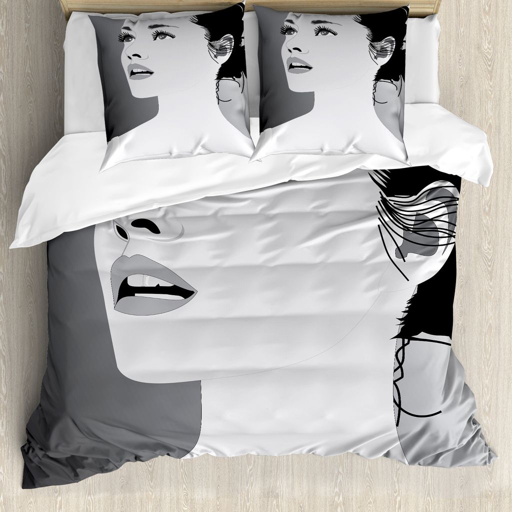 ABAKUHAUS Retro Bettbezug, Digital-Mädchen, Milbensicher Allergiker geeignet mit Kissenbezügen, 200 cm x 200 cm - 80 x 80 cm, Schwarzgrau