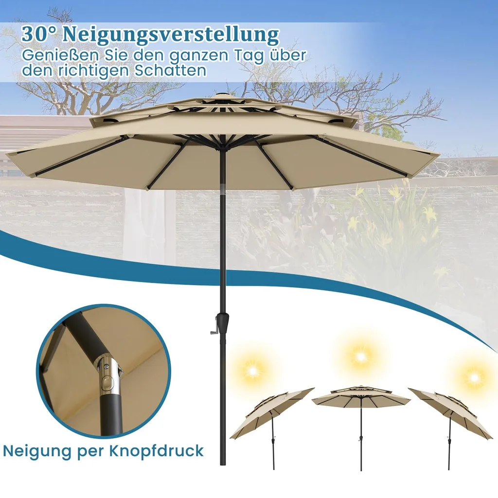 Parasol de marché 300cm Beige pour Jardin - Protection Solaire avec Manivelle - 5