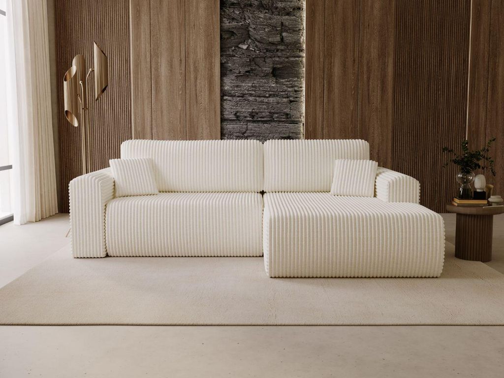 GrainGold Ecksofa L-Form Rechts Belvio - Ecksofa mit Schlaffunktion und Bettkasten - Moderne Ecksofa, Wohnzimmer Ecksofa - Eckcouch Creme (Tilia 01)