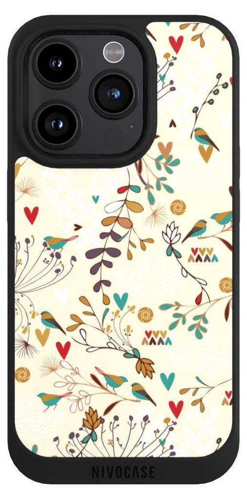 NIVOCASE Handyhülle für Apple iPhone 15 Pro Hülle NIVOpure Case Schwarz Blumen Retro Vogel