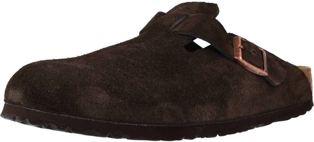 A single brown suede Birkenstock Boston clog is shown against a white background.