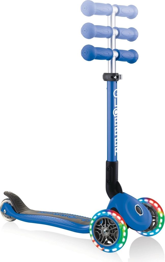 A blue three-wheeled scooter with LED lights on the wheels, shown against a white background.