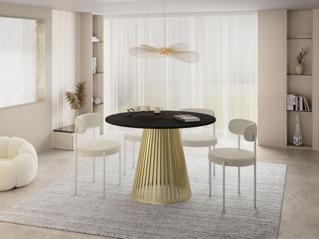 Esstisch Rund Ausziehbar mit Lamellen im Loft-Stil – 100 bis 180 cm – Industrieller Tisch mit Goldenen Metallbeinen, Platzsparend für Wohnzimm...