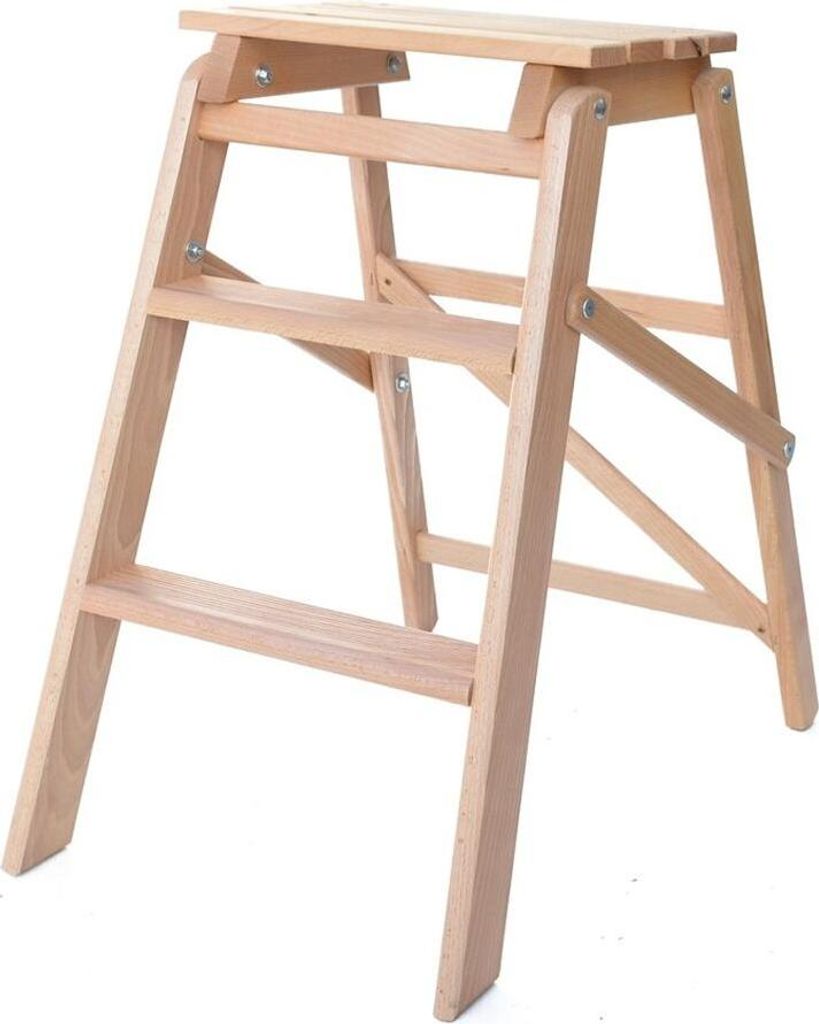 A wooden step stool with three steps against a white background.
