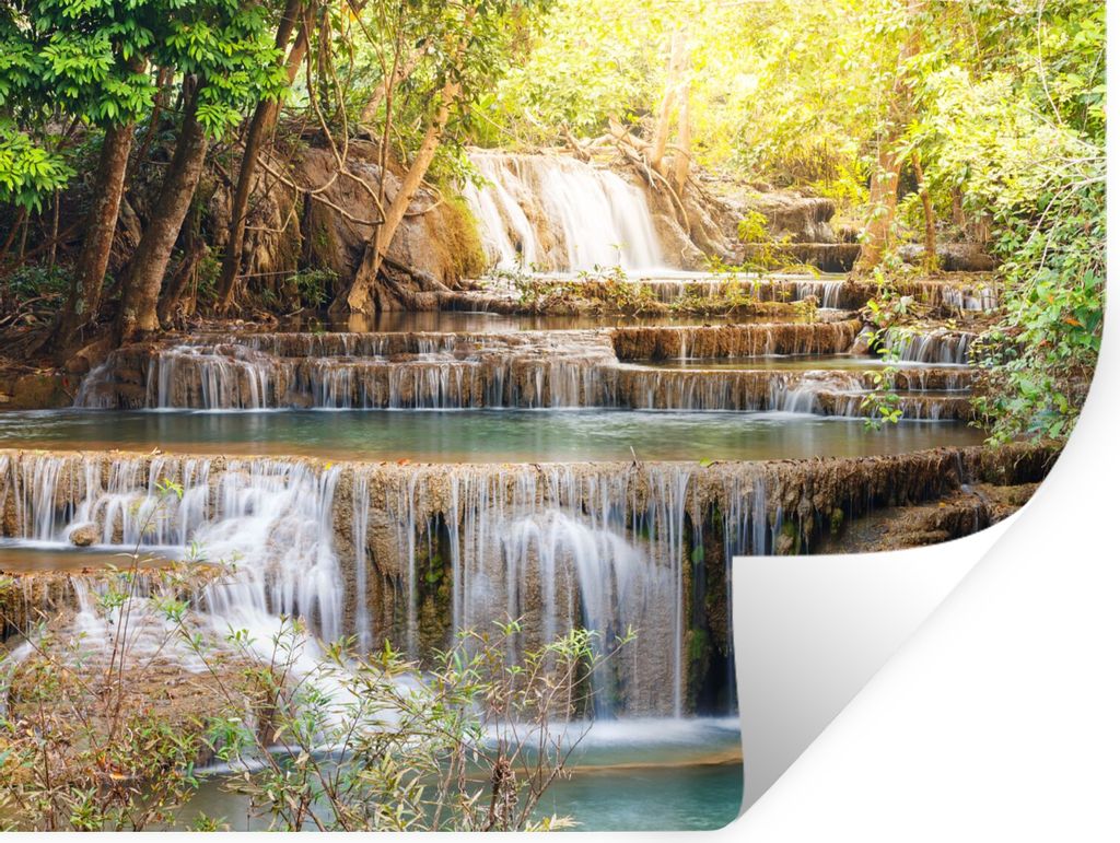 MuchoWow Wandtattoo Wandsticker Wandaufkleber Sonne - Wasserfall - Landschaft 160x120 cm Selbstklebend und Repositionierbar - Selbstklebend - Fot...